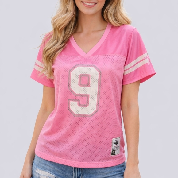 Dallas Cowboys Authentic Tops - Dallas Cowboys Candy Pink V-Neck Tony Romo Number 9 Sports Jersey